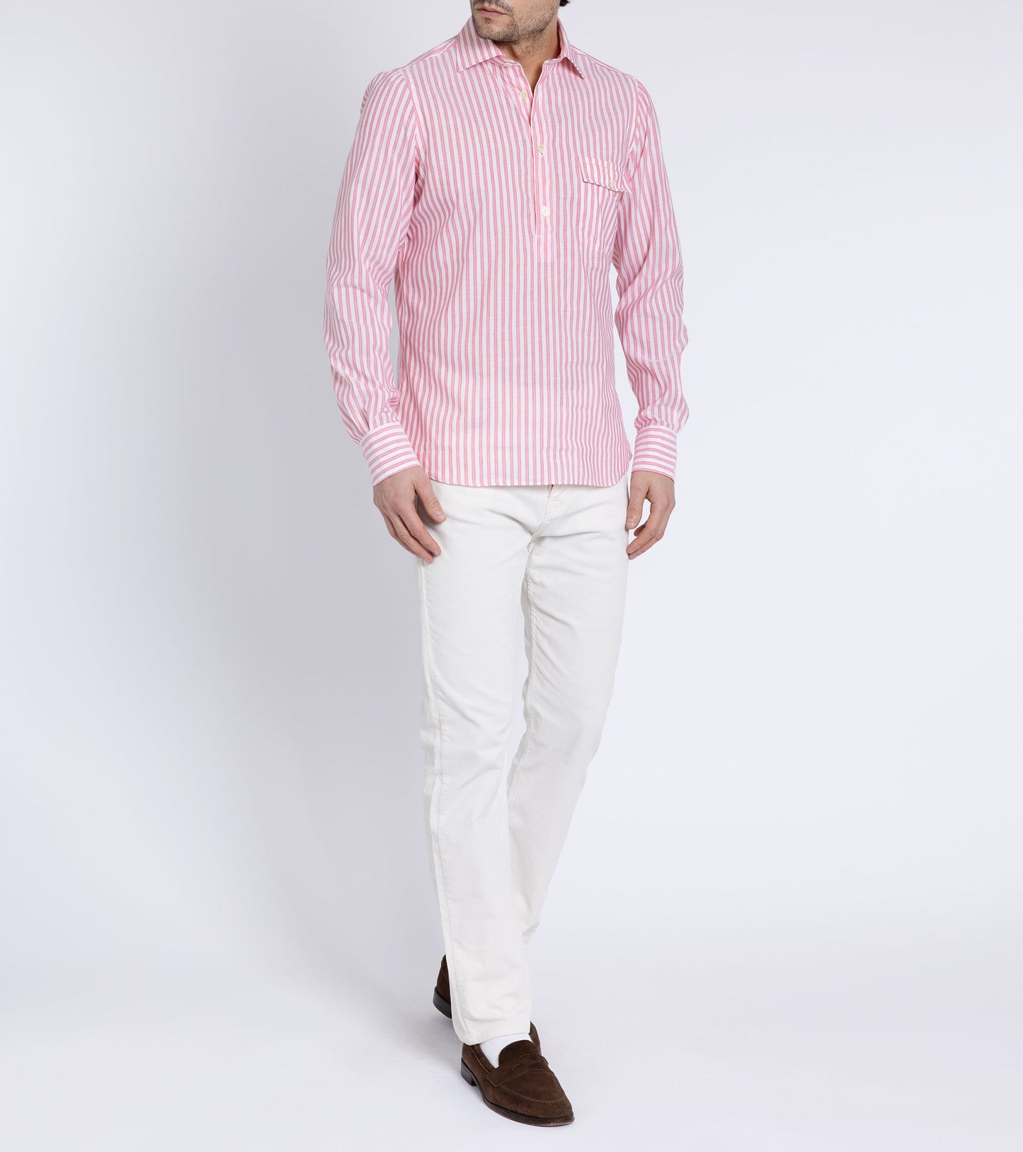 Finamore Porto Cotton Linen Silk Stripe Luigi Popover Shirt: Coral