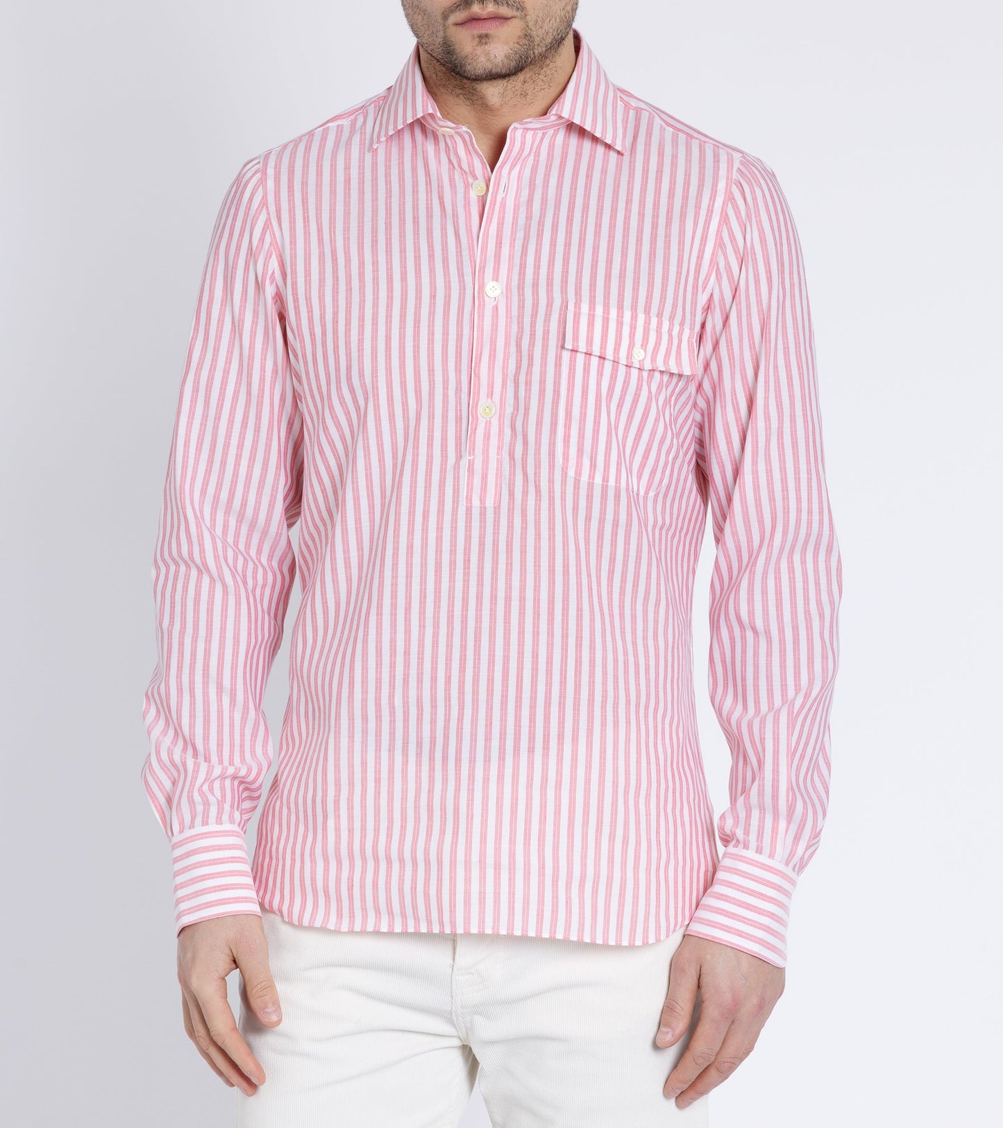 Finamore Porto Cotton Linen Silk Stripe Luigi Popover Shirt: Coral