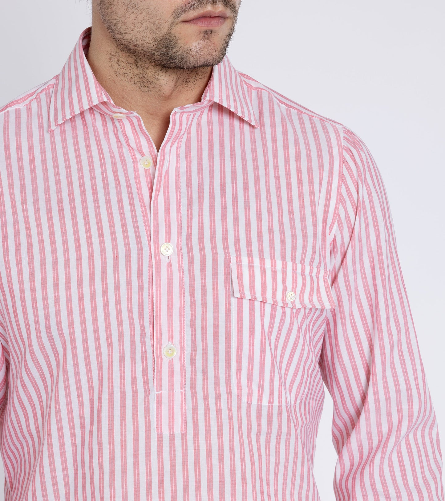Finamore Porto Cotton Linen Silk Stripe Luigi Popover Shirt: Coral