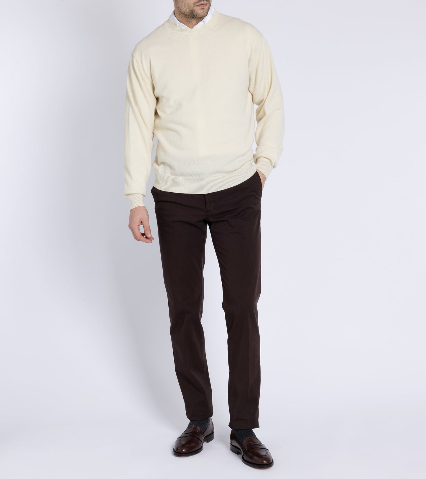 Batoner Reverse Cashmere Crew Neck Sweater: White