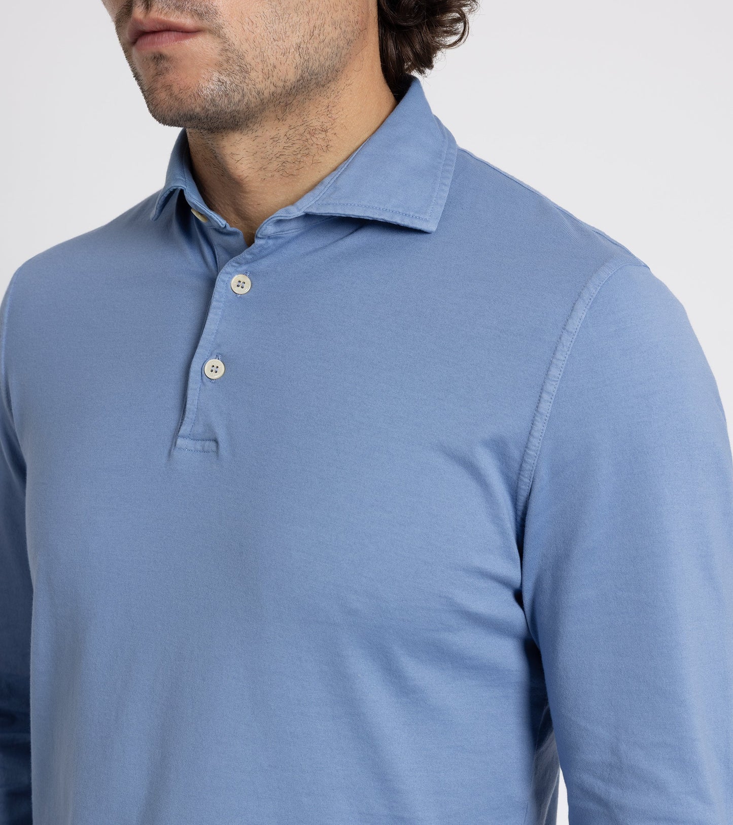 Fedeli Zero Organic Cotton Jersey Long Sleeve Polo Shirt: Steel Blue