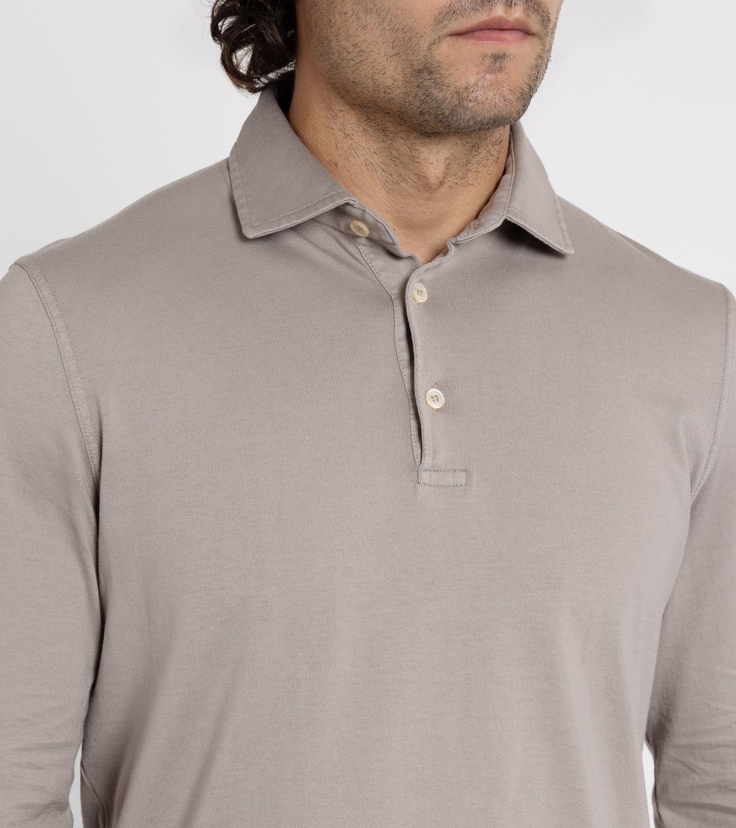 Fedeli Zero Organic Cotton Jersey Long Sleeve Polo Shirt: Greige