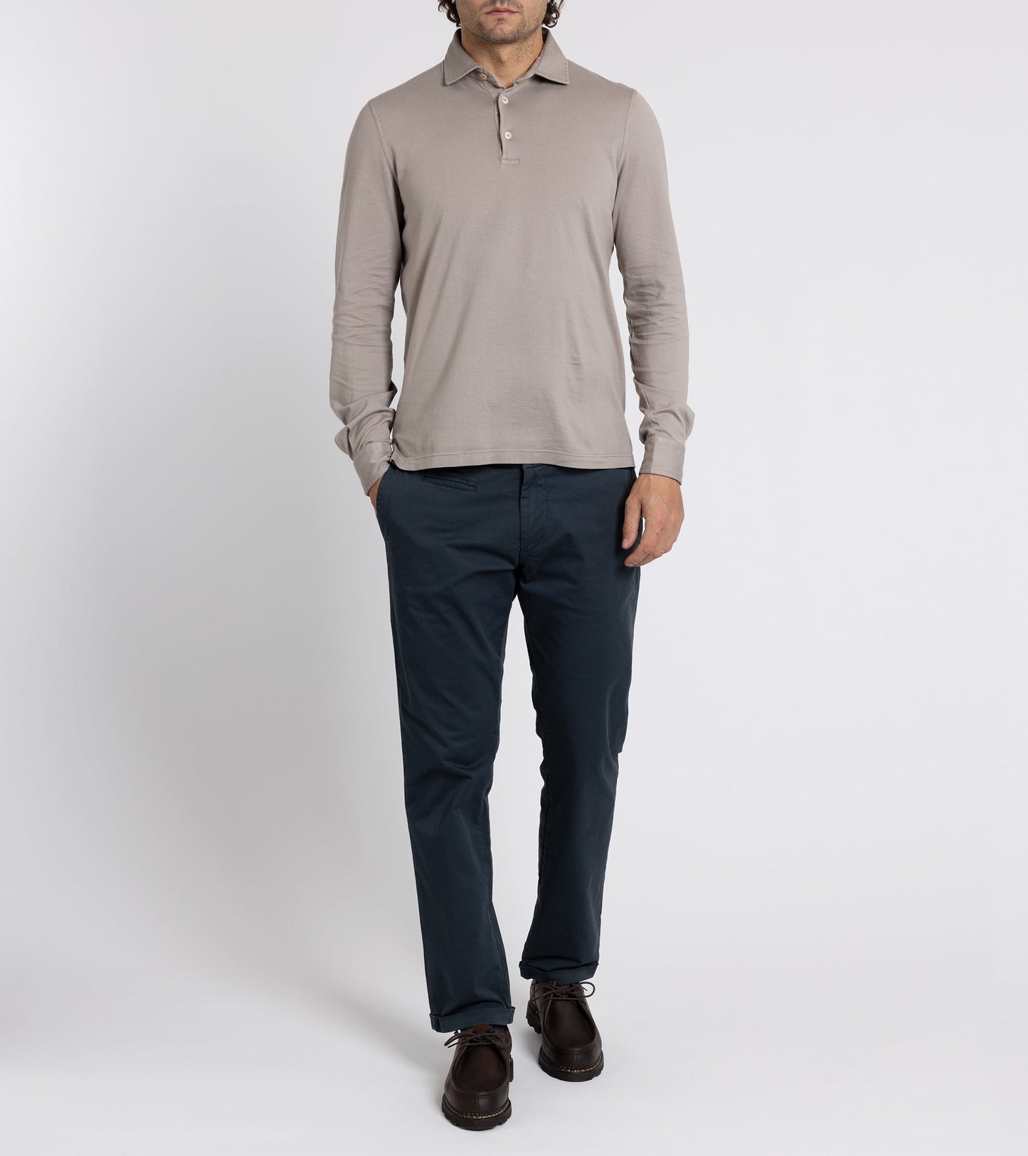 Fedeli Zero Organic Cotton Jersey Long Sleeve Polo Shirt: Greige