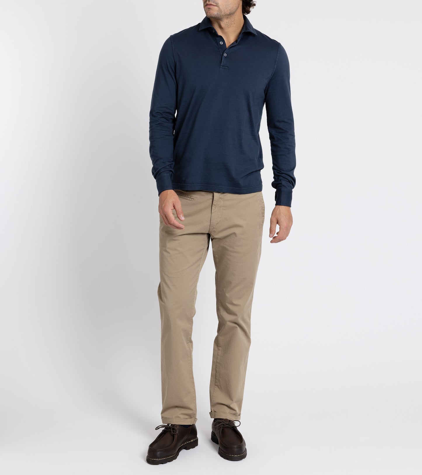 Fedeli Zero Organic Cotton Jersey Long Sleeve Polo Shirt: Midnight Blue