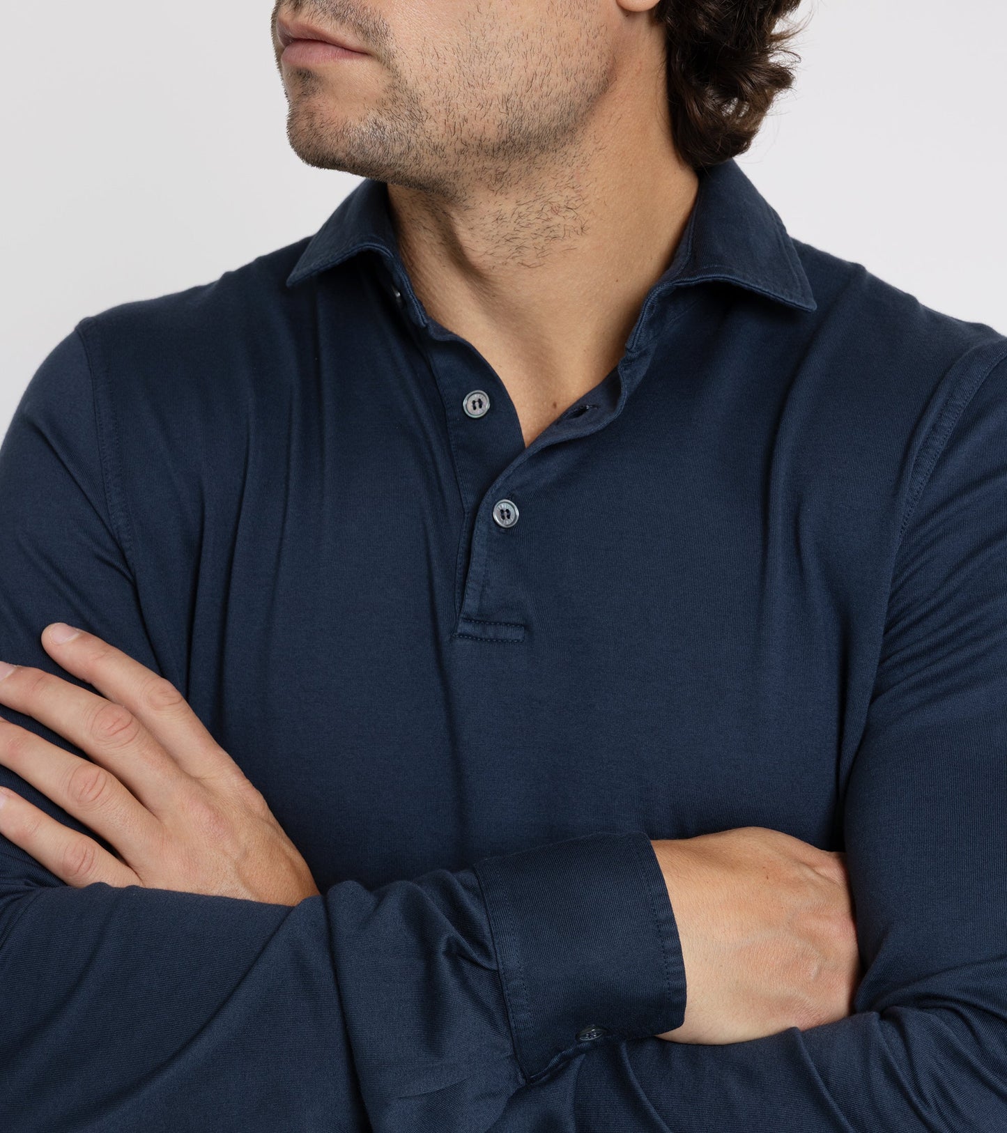 Fedeli Zero Organic Cotton Jersey Long Sleeve Polo Shirt: Midnight Blue