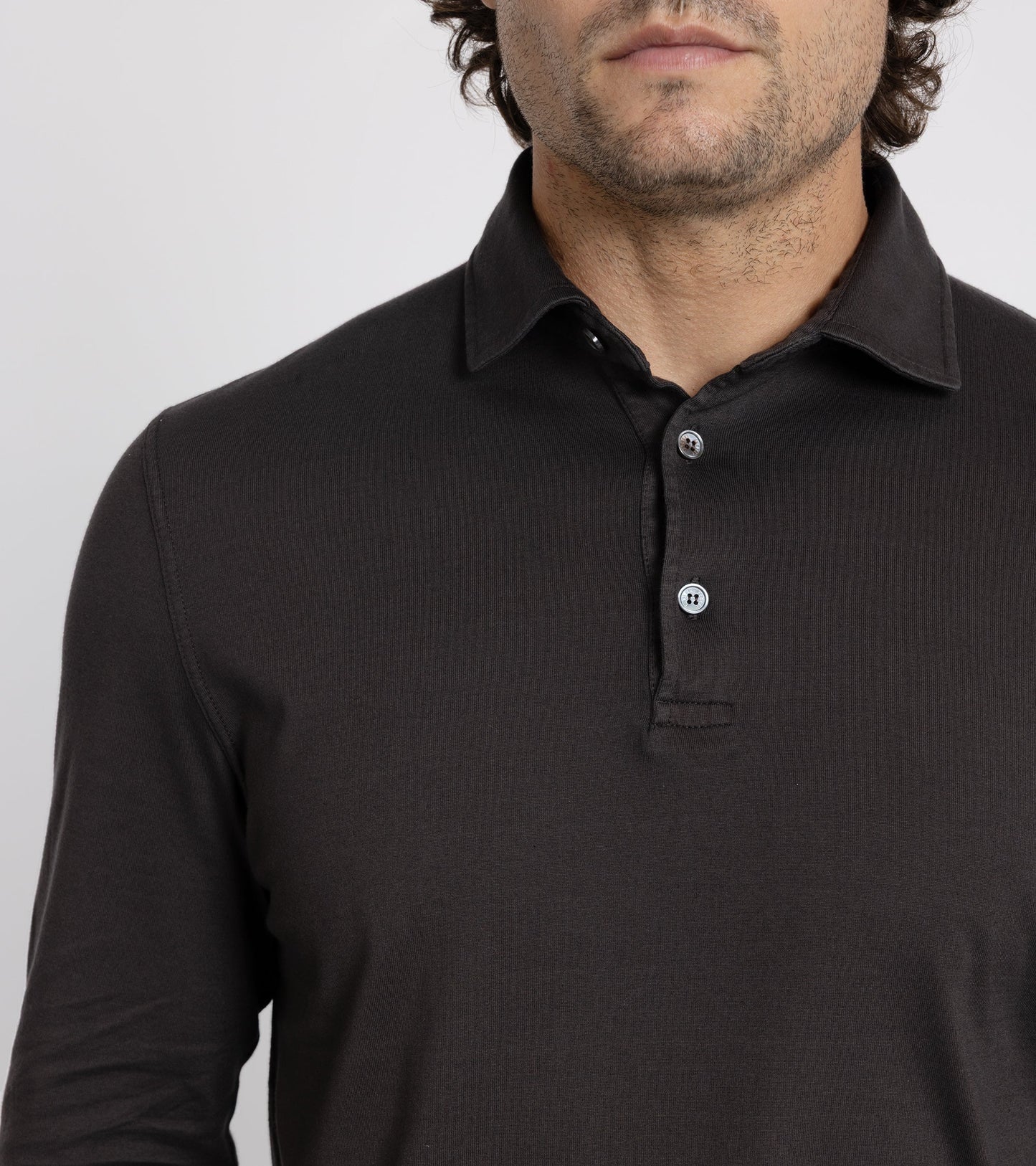 Fedeli Zero Organic Cotton Jersey Long Sleeve Polo Shirt: Dark Chocolate