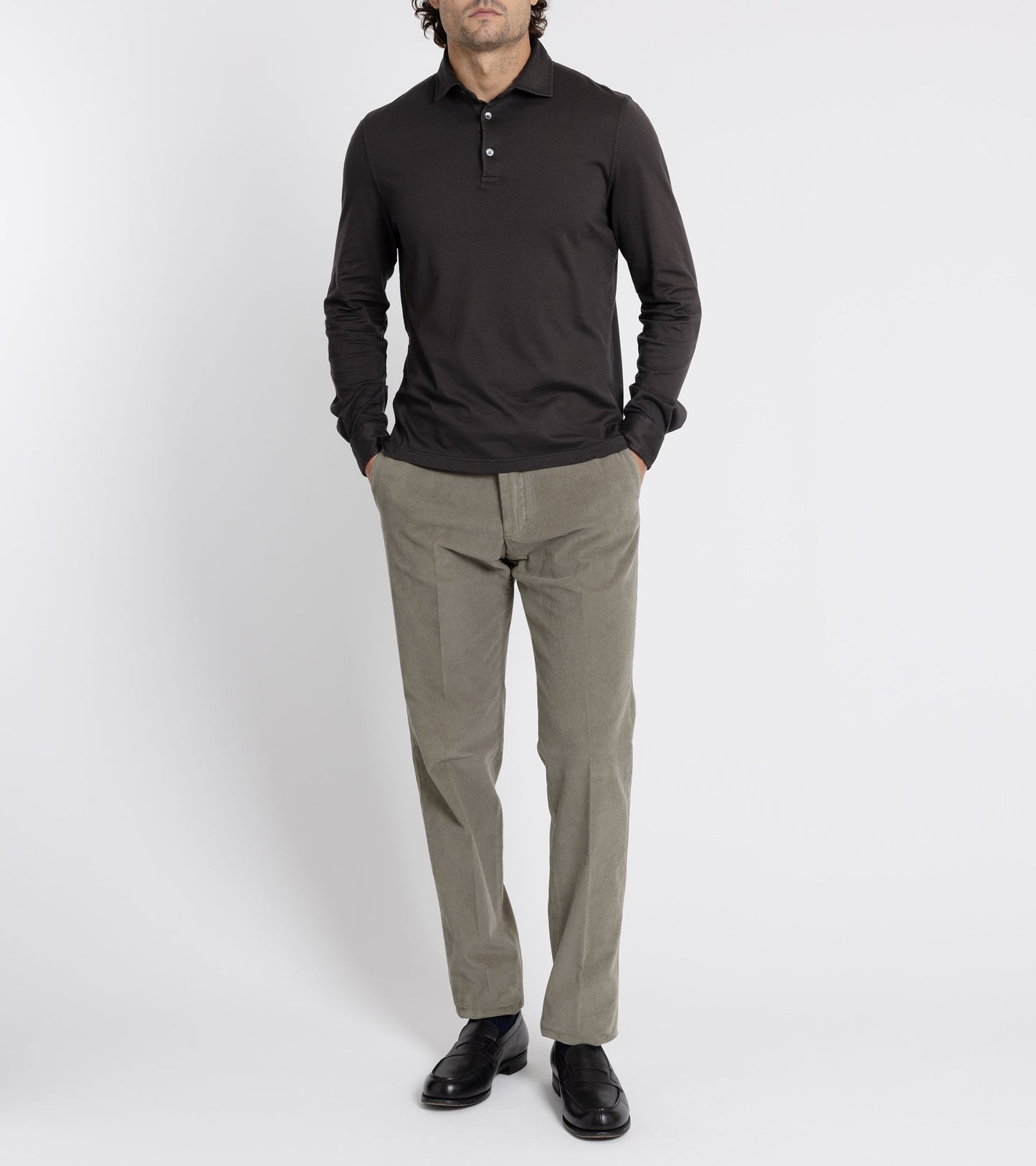 Fedeli Zero Organic Cotton Jersey Long Sleeve Polo Shirt: Dark Chocolate