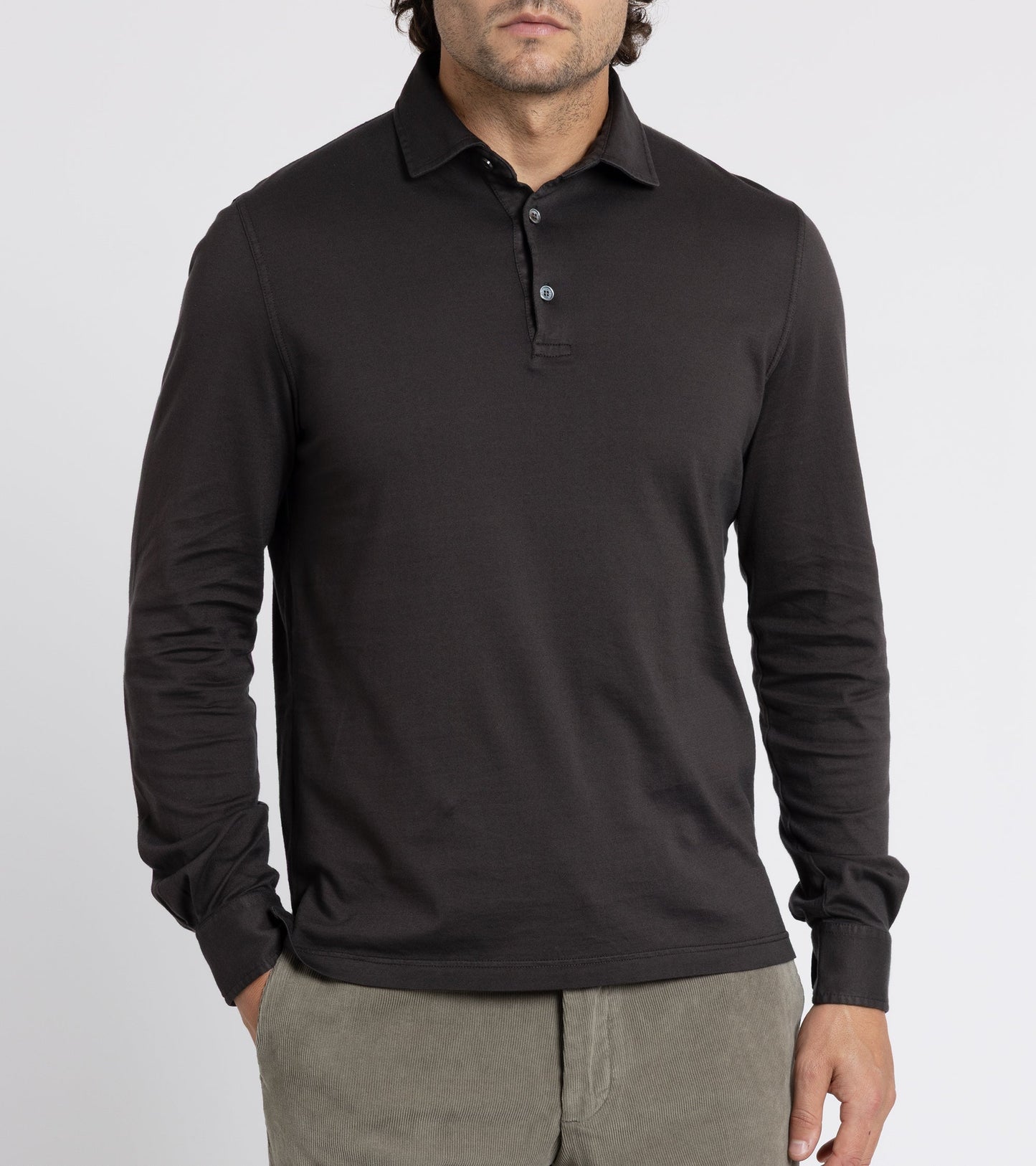 Fedeli Zero Organic Cotton Jersey Long Sleeve Polo Shirt: Dark Chocolate
