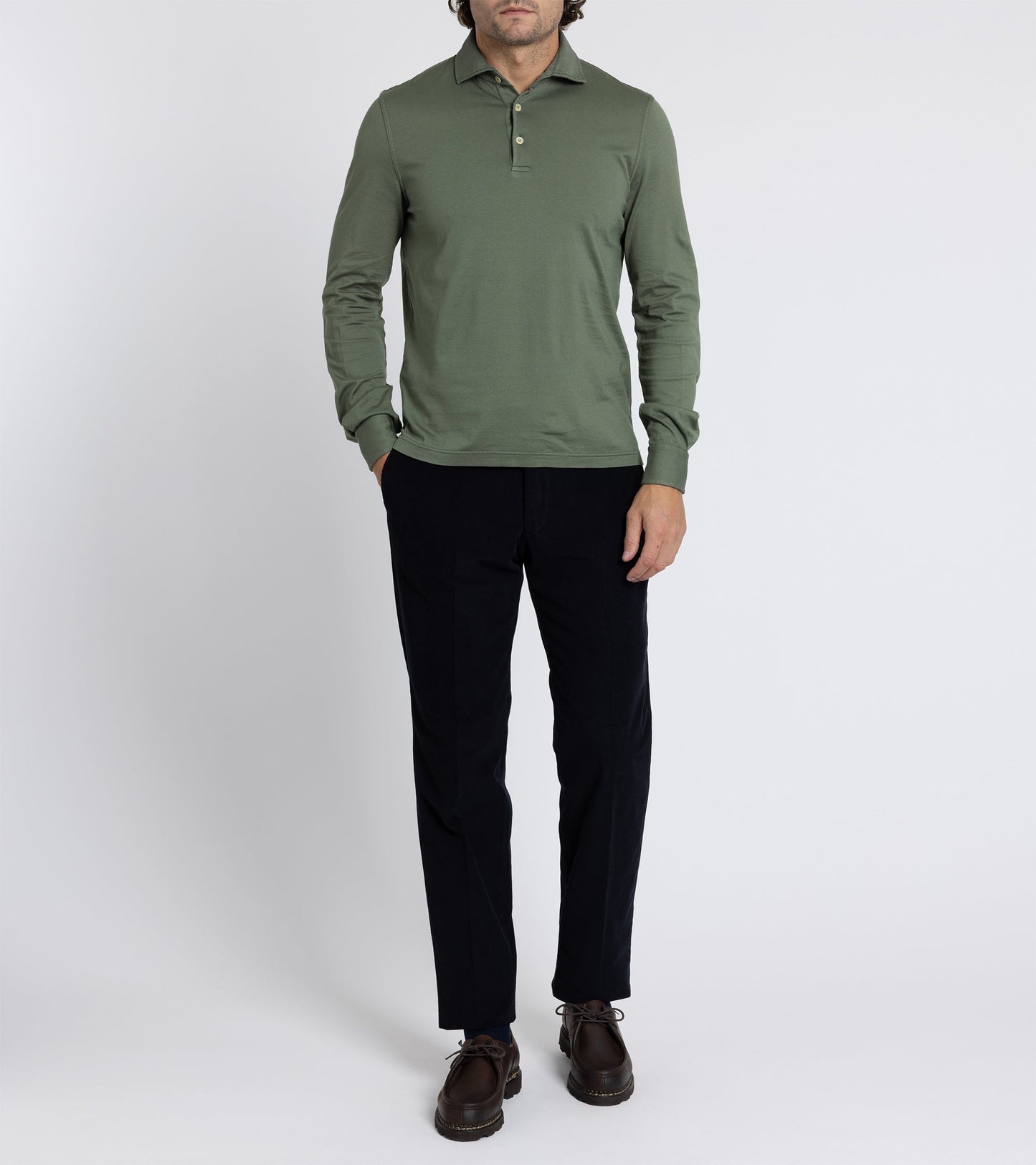 Fedeli Zero Organic Cotton Jersey Long Sleeve Polo Shirt: Olive Green