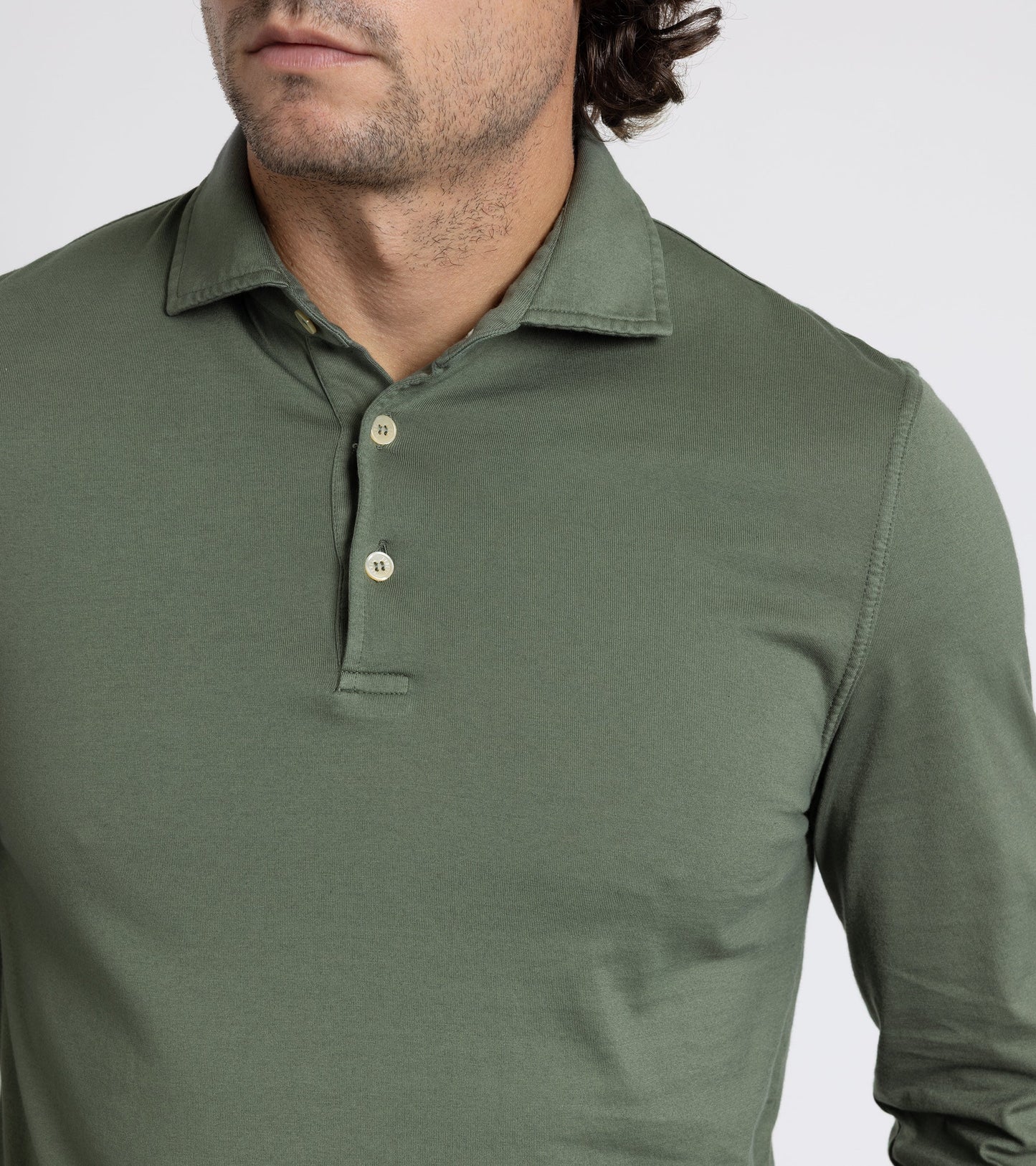 Fedeli Zero Organic Cotton Jersey Long Sleeve Polo Shirt: Olive Green