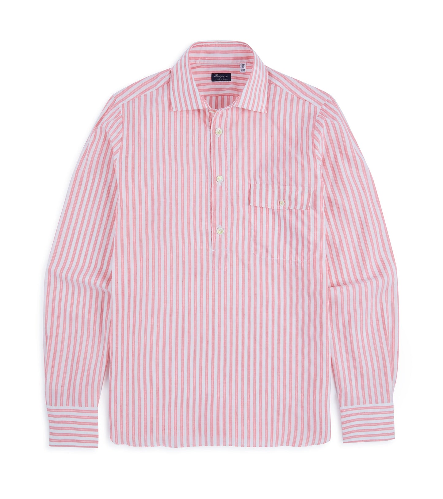 Finamore Porto Cotton Linen Silk Stripe Luigi Popover Shirt: Coral