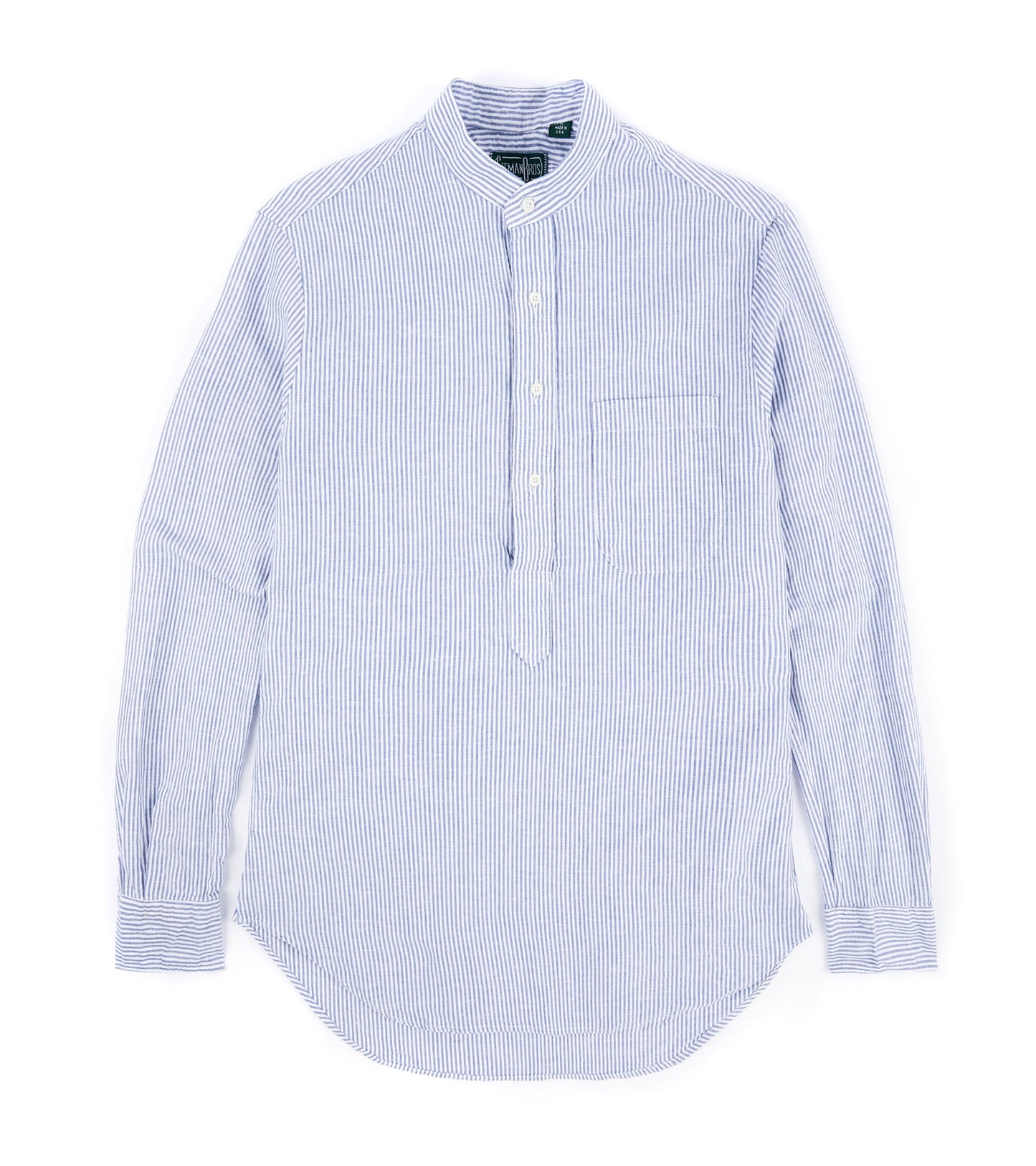 Gitman Vintage Linen Striped Band Collar Popover Shirt: Blue/White