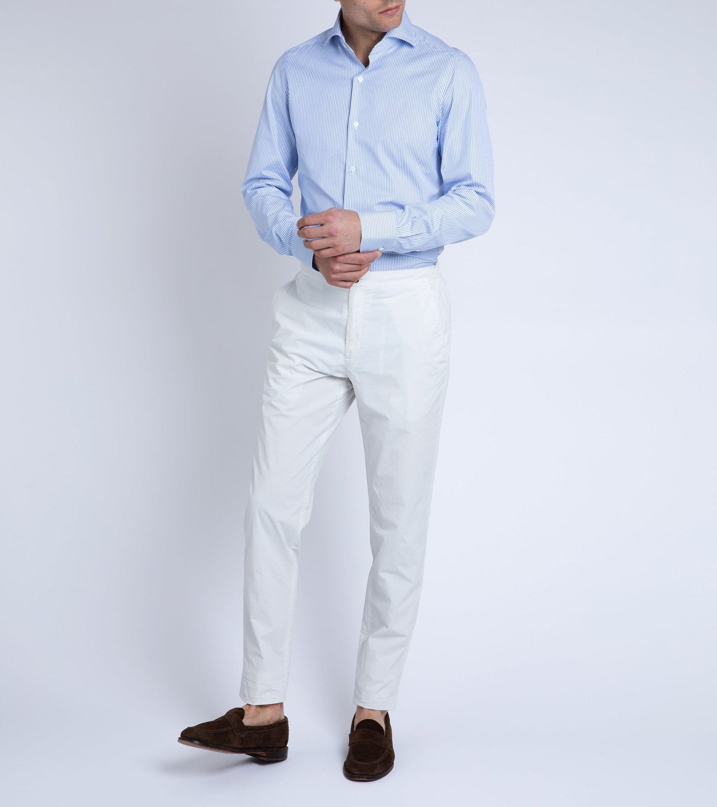 Finamore Milano Eduardo 120 Double Twist Cotton Formal Shirt: Blue Stripe