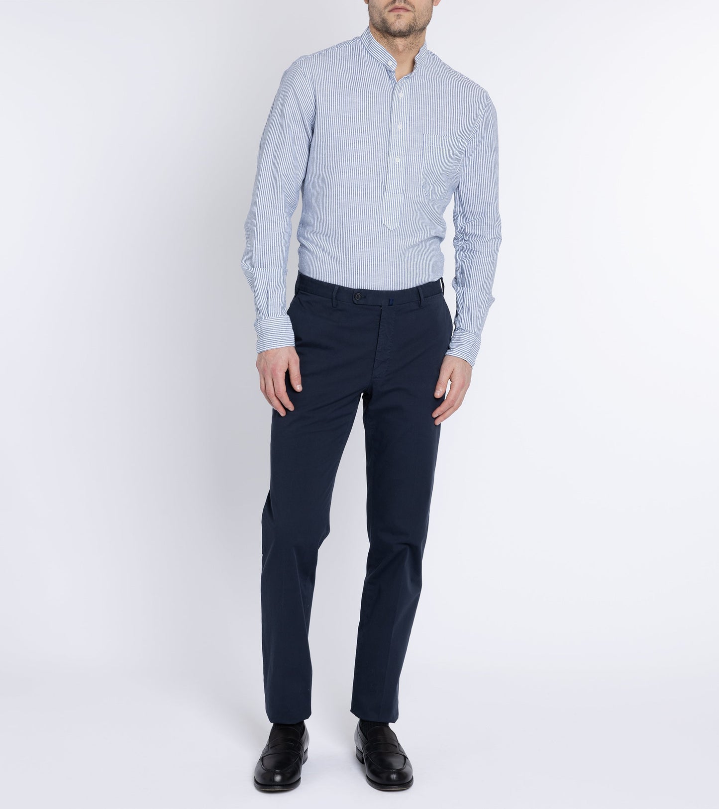 Gitman Vintage Linen Striped Band Collar Popover Shirt: Blue/White