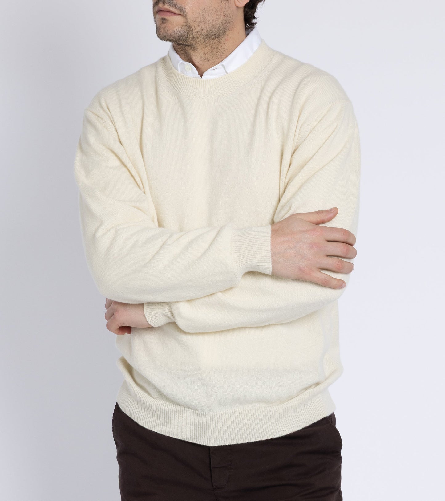 Batoner Reverse Cashmere Crew Neck Sweater: White