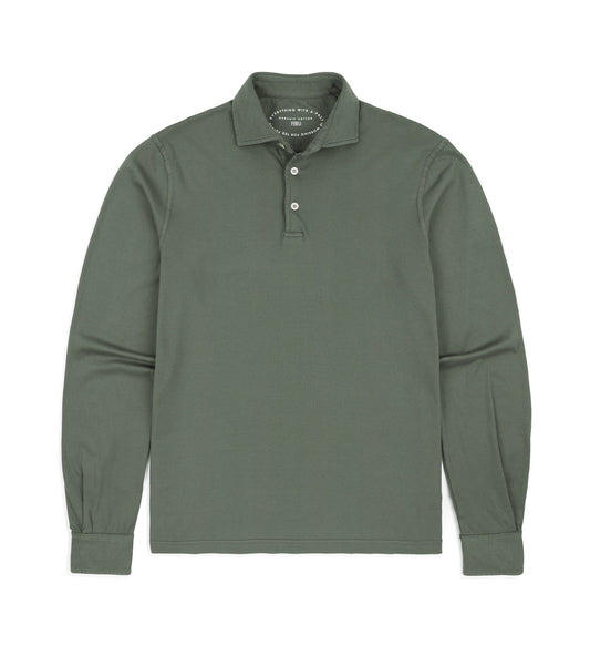 Fedeli Zero Organic Cotton Jersey Long Sleeve Polo Shirt: Olive Green
