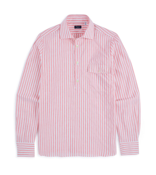 Finamore Porto Cotton Linen Silk Stripe Luigi Popover Shirt: Coral